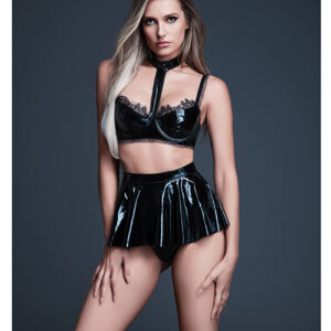 Allure Naughty Nights Latex Look Vinyl and Lace Choker Bra & Mini Skirt 2 pc Set - Black XL