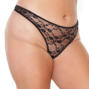 Stretch Lace High Leg Thong Black OS/XL