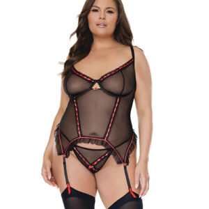 Mesh Underwire Garterbelt Bustier w/G-String Black 1X/2X