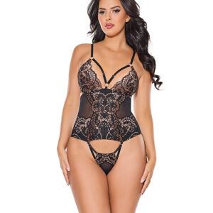 Lace and Mesh Teddy w/Removable Backless Panty - Black/Rose Gold MD