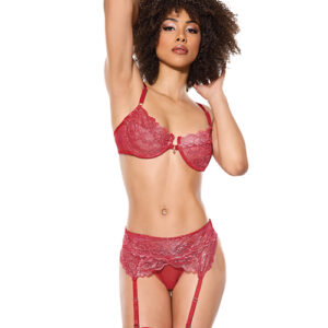 Metallic Stretch Lace Underwire Bra w/Crotchless Garter Panty - Red SM