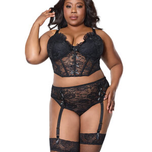 Lace Bustier w/Padded Cups & Gartered Thong Panty 2 pc Set - Black 1X/2X