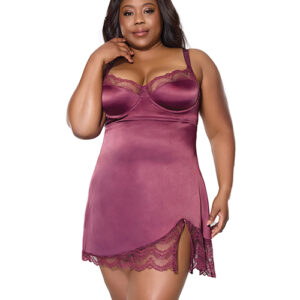 Scallop Lace Trimmed Stretch Satin Chemise w/Underwire Cups - Mauve Plum 1X/2X