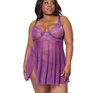 Metallic Stretch Lace & Mesh Babydoll w/Thong - Purple 1X/2X