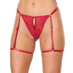 Lace Thong w/Garters and Bow Detail - Red XL