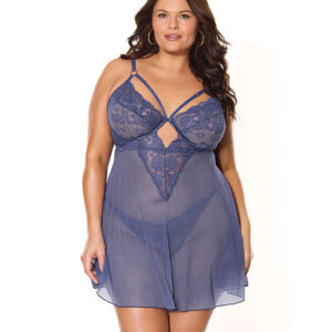 Twilight Fever Lace & Mesh Babydoll w/G-String - Navy 3X/4X