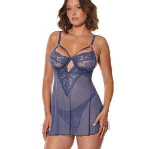 Twilight Fever Lace & Mesh Babydoll w/G-String - Navy LG