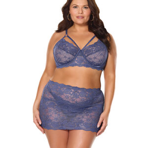 Twilight Fever Lace Bra & Skirt - Navy 1X/2X