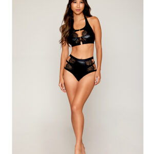 Stretch Faux Leather and Eyelash Lace Bralette w/High-Waisted Panty - Black LG