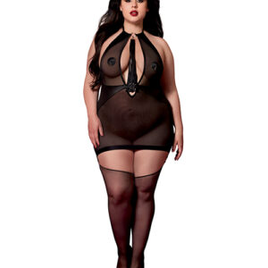 Stretch Mesh and Faux Leather Gartered Chemise w/Removable Flogger - Black QN