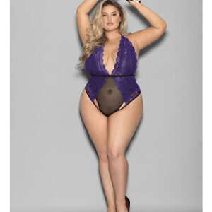 Euphoria Halter Lace & Mesh Teddy w/Wrist Restraints Purple/Black QN