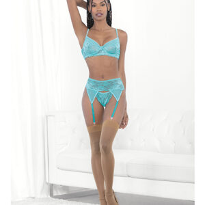 Lace & Mesh Underwire Bra, Garterbelt & G-String Malibu Blue MD