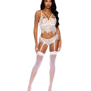 Victoria Eyelash Lace Underwire Bralette w/Garter Panty 2 pc Set - White SM