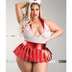Play Pulse Check Collared Teddy w/Open Back, Pleated Skirt, Medic Hat & Pasties Red/White 3X/4X