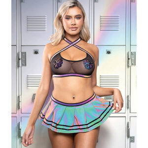 Ready Let's Glow Flash Reflective Mesh Top w/Skirt, G-String & Pom-Pom Pasties 4 pc Set - Multi Color S/M