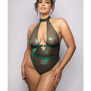 Emerald Shimmer Mesh Halter Teddy w/Open Back - Green 3X/4X