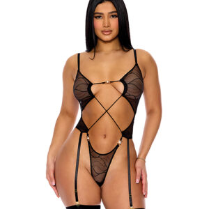 Pull My Strings Sheer Mesh Teddy w/Garters & Faux Pearl Details - Black XL
