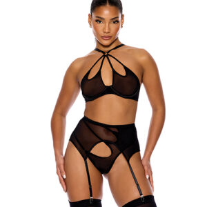 Feeling Butterflies Mesh Halterneck Bra w/Garter & Panty - Black XL