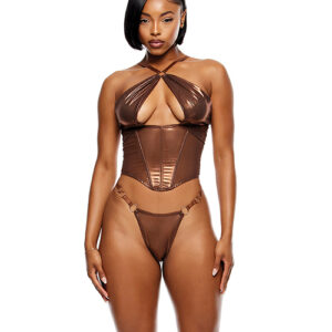 Liquid Metal Metallic Mesh Bustier w/G-String 2 pc Set - Metallic Copper LG