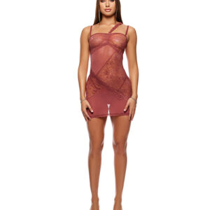 Patch of Petals Sheer Mesh and Lace Chemise w/Thong 2 pc Set - Mauve SM