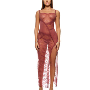 Patch of Petals Sheer Mesh and Lace Gown w/Thong 2 pc Set - Mauve MD