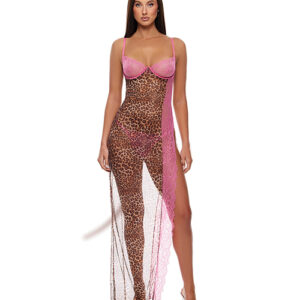 Animal Instincts Mesh Nightgown & Panty - Pink Leopard XL