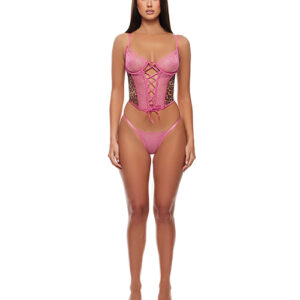 Animal Instincts Mesh Bustier & Panty 2 pc Set - Pink Leopard MD