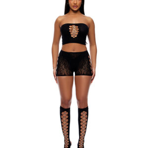Cross Your Mind Tube Top w/Boy Short & Open Toe Socks Bodystocking - Black QN