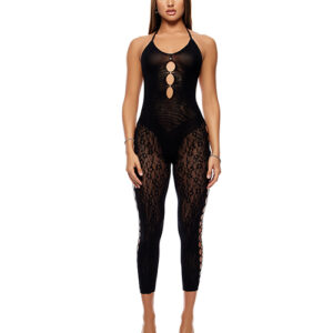 Cross Your Mind Capri Floral Knit Bodystocking w/Rhinestone Details - Black QN