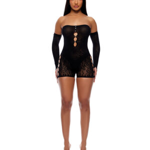 Cross Your Mind Romper Bodystocking w/Rhinestone Details & Gloves 2 pc Set - Black QN