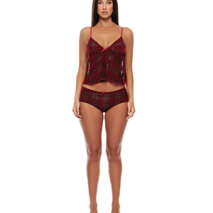 Velvet Lines Mesh Cami & Boy Short 2 pc Set - Red/Black MD