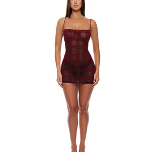 Velvet Lines Mesh Chemise & Thong 2 pc Set - Red/Black MD