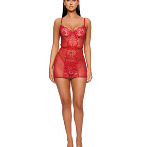 La Vie En Rose Metallic Embroidered Chemise, Panty & Belt 3 pc Set - Red SM