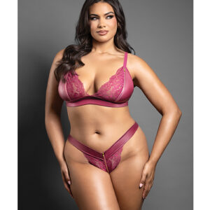 Domina Lace Bralette & Panty in Leatherette w/Zipper Detail - Berry QN