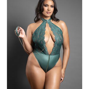 Domina Lace Halter Teddy w/Zipper Detail & Detachable Chain-Link Leash - Green QN