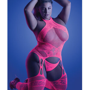 Glow Captivating Halter Bodystocking & G-String Neon Pink QN
