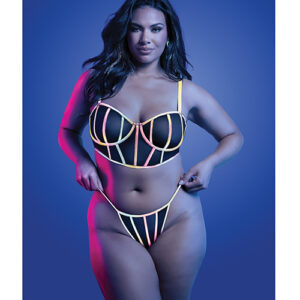 Solar Flare Flash Reflective Binding Underwire Bra & Thong - Black QN