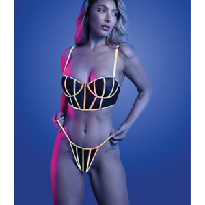 Solar Flare Flash Reflective Binding Underwire Bra & Thong - Black S/M