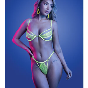 Mind Control UV Reactive Lace and Mesh Underwire Bra & Thong - Neon Green M/L