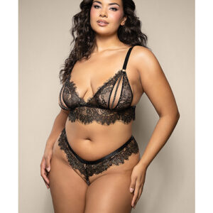 Opulence Metallic Eyelash Lace Bralette w/Pearl String Crotch Panty - Black QN