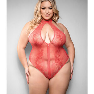 Temptress Calliope Striped Sheer Floral Lace Zippered Teddy - Coral 3X/4X
