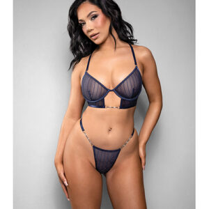 Temptress Celeste Sheer Striped Rhinestone Mesh Bra w/G-String 2 pc Set - Navy S/M