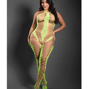Sheer Unstoppable Crotchless Rhinestone Halter Bodystocking - Neon Green QN