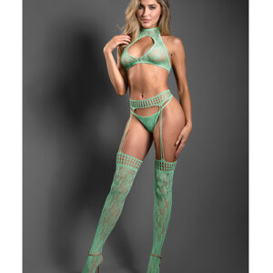Sheer Heart Of Glass Lace Knit Halter Top w/G-String & Gartered Stockings 3 pc Set - Mint O/S