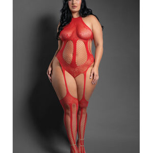 Sheer Stripped Down Mesh Body Stocking - Red QN