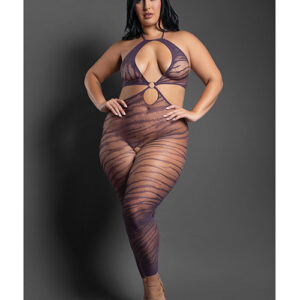Sheer Set Me Free Mesh Body Stocking w/Zebra Pattern & Open Crotch - Purple QN