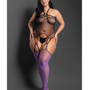 Sheer No Comparison Body Stocking w/G-String 2 pc Set - Black/Purple QN