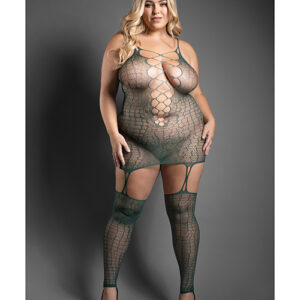 Sheer Wild Heart Reptile Print Bodystocking Dress w/Attached Stockings - Green QN
