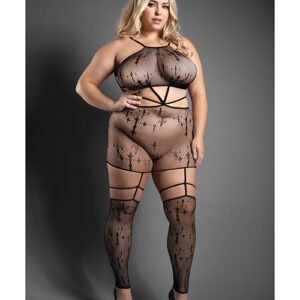 Sheer Unholy Gartered Bodystocking Dress w/Attached Stockings - Black QN