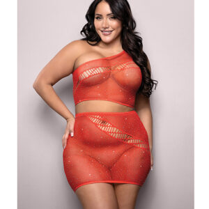 Vixen Set The Tone Rhinestone Knit One Shoulder Top w/Skirt 2 pc Set - Red QN